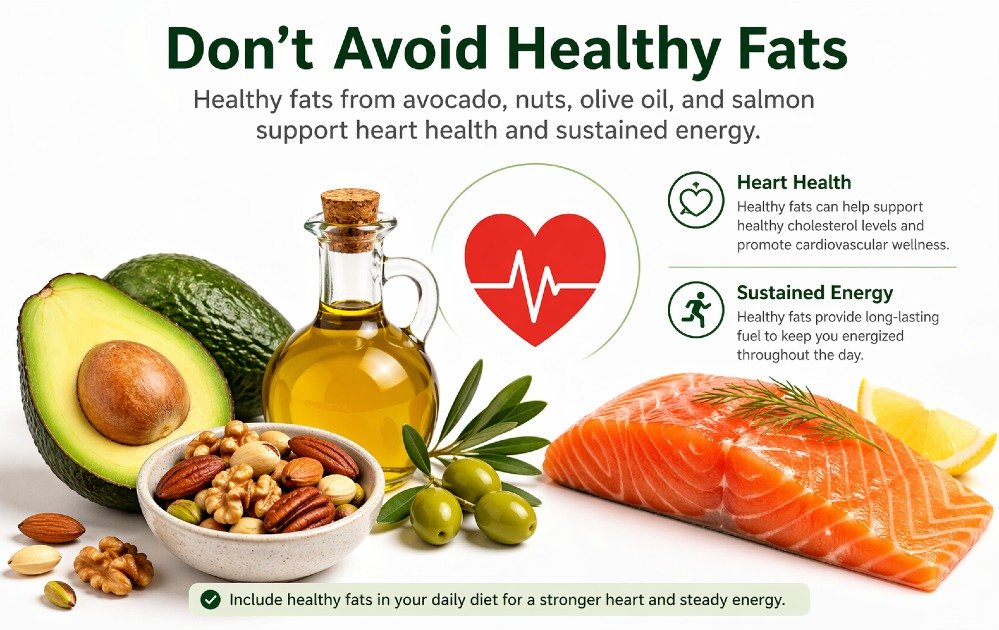 Healthy fats from avocado, nuts, olive oil, and salmon supporting heart health and sustained energy
