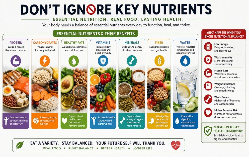 Essential nutrients visualized in healthy foods emphasizing the importance of not ignoring nutritional balance for long-term health.