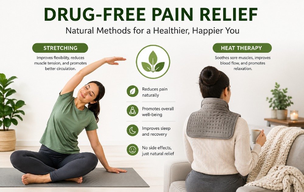 Person using natural methods like stretching and heat therapy to relieve pain without medication