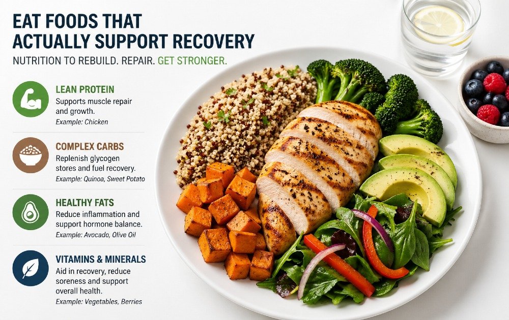 Balanced plate of whole foods rich in protein, healthy fats, and nutrients that support muscle recovery and energy