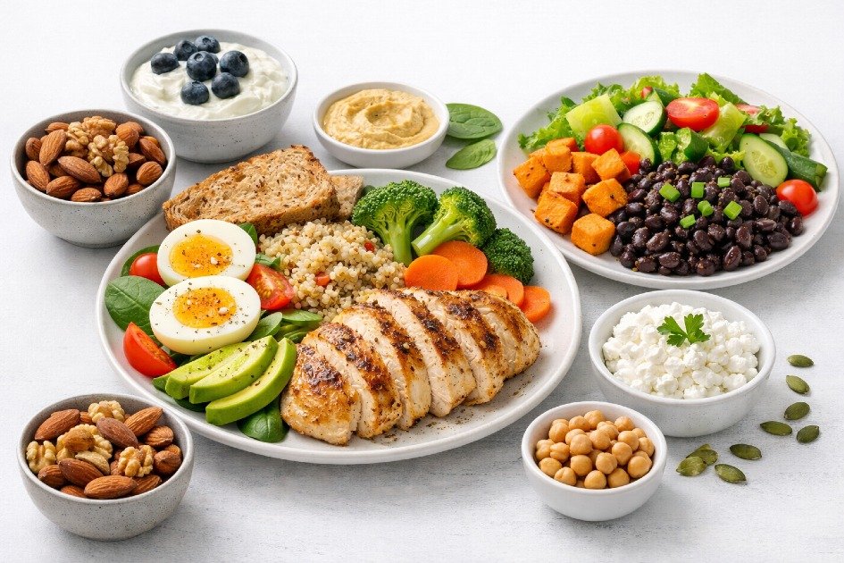 Balanced meals with protein sources like eggs, chicken, beans, and nuts to support muscle health and satiety.