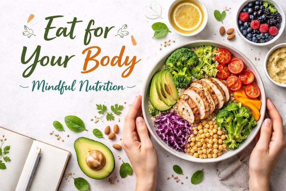 Balanced healthy meal emphasizing mindful eating and nutrition over dieting.