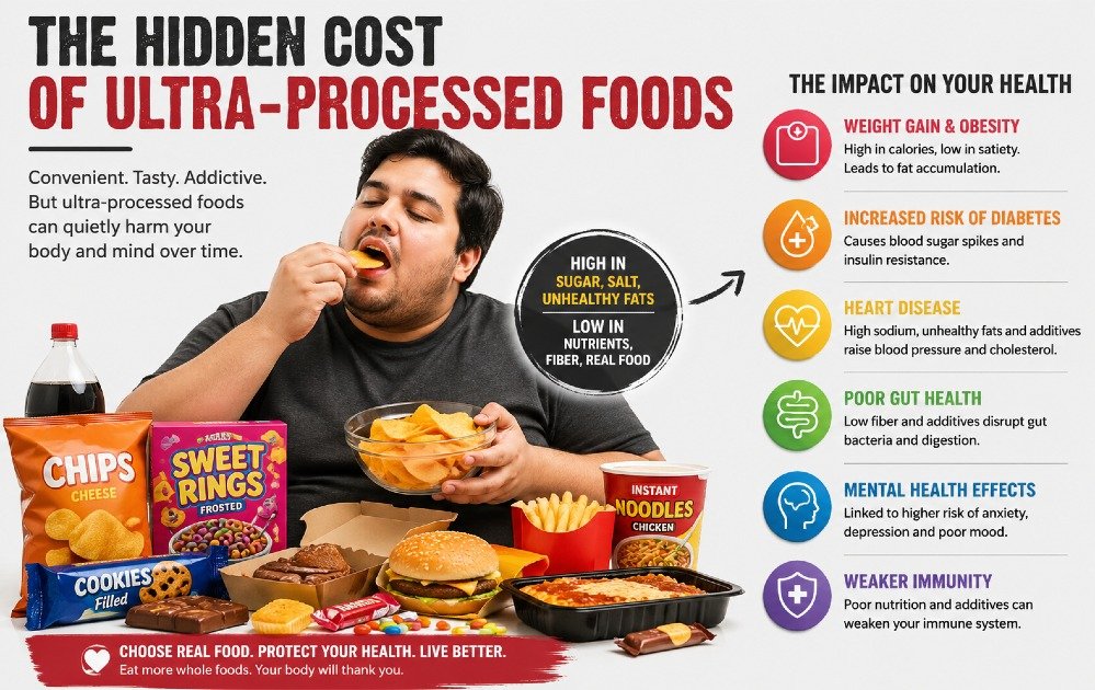 Person selecting and consuming highly processed foods such as packaged snacks, fast food, and sugary drinks, highlighting unhealthy eating habits.