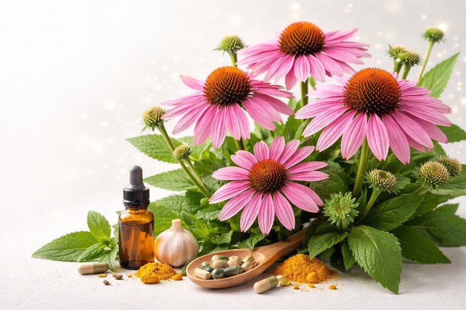 Echinacea flowers in full bloom, symbolizing natural immune support and wellness.