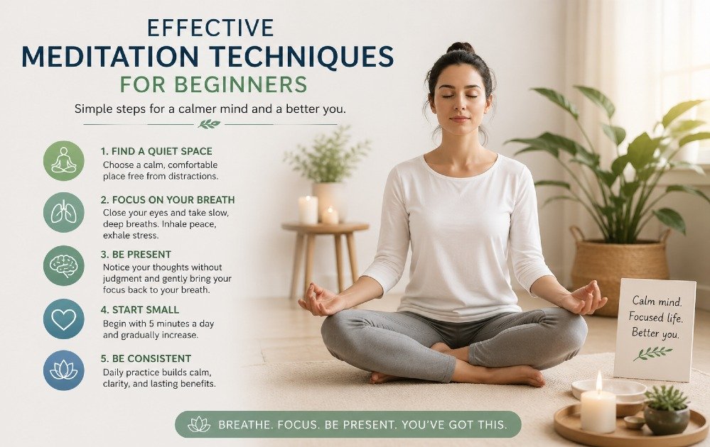 Beginner practicing effective meditation techniques in a calm, peaceful setting to improve focus and reduce stress