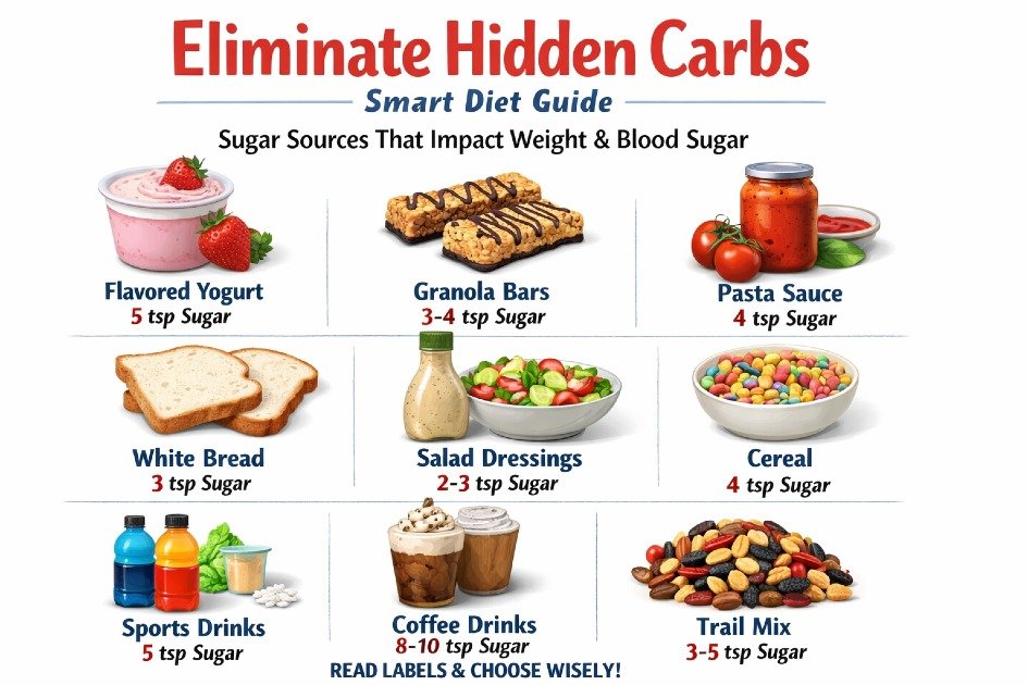 Hidden carbs revealed in everyday foods, showing sugar sources that impact weight and blood sugar