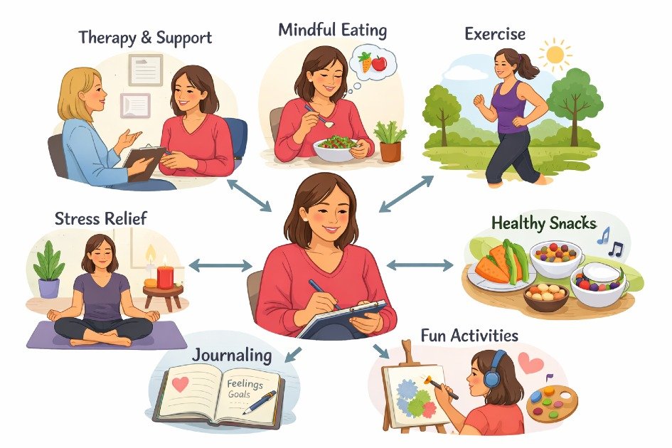 Woman finding healthy coping strategies for emotional eating and food anxiety