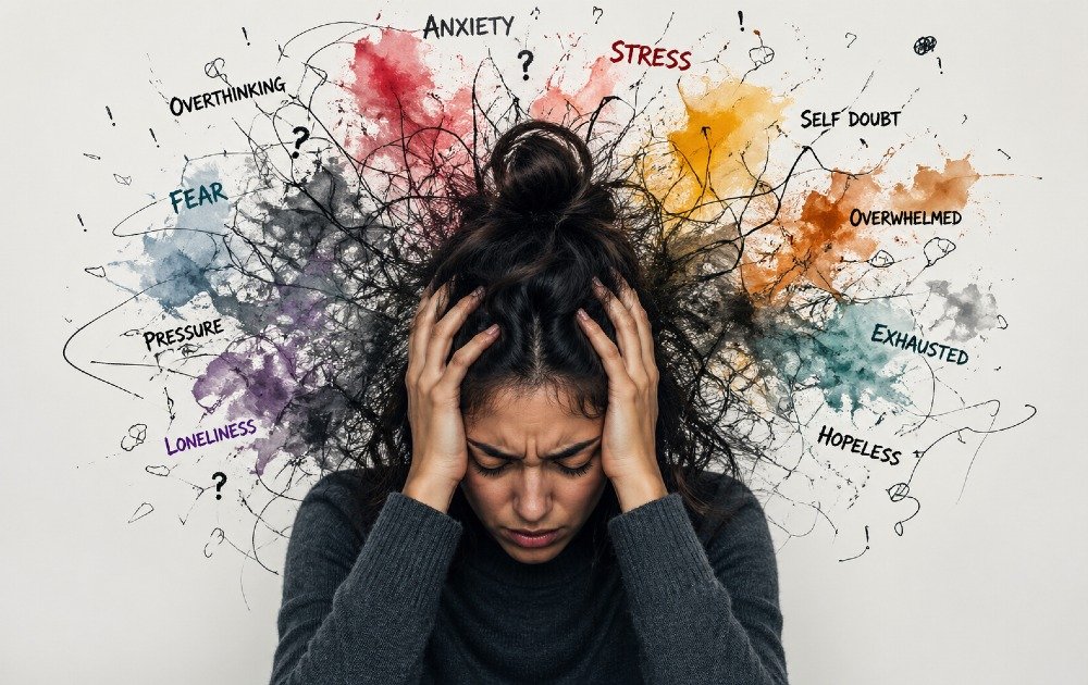 Person overwhelmed by intense emotions, representing emotional overload and mental strain during stress or anxiety.
