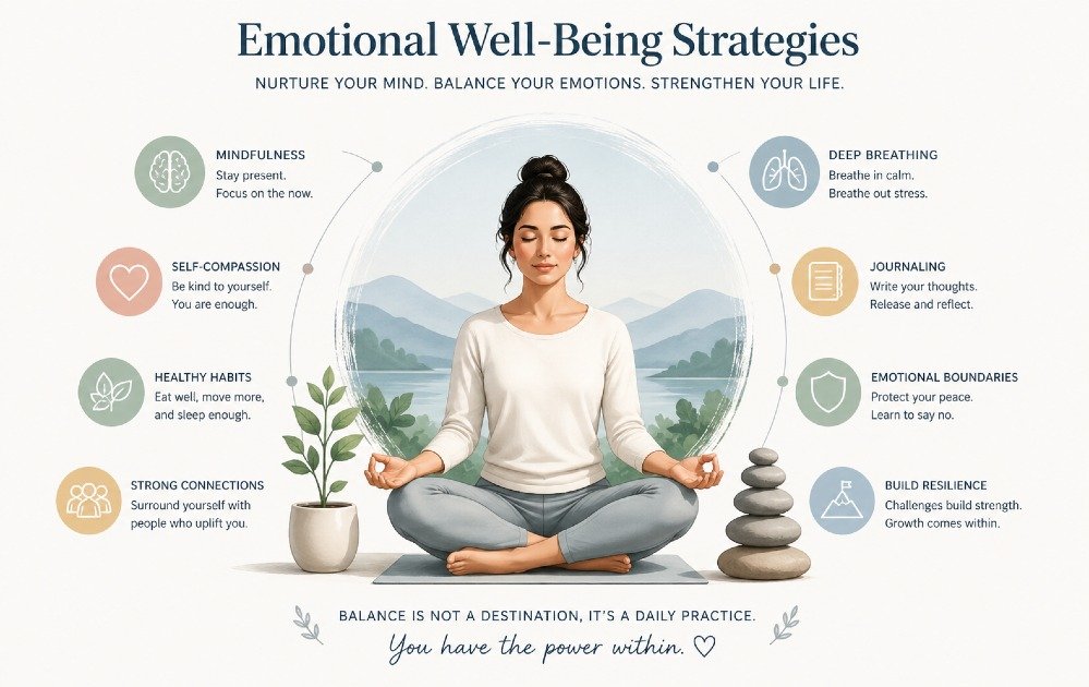 A calm visual concept representing emotional well-being strategies, showing inner balance, mindfulness, and mental resilience for stronger emotional stability.