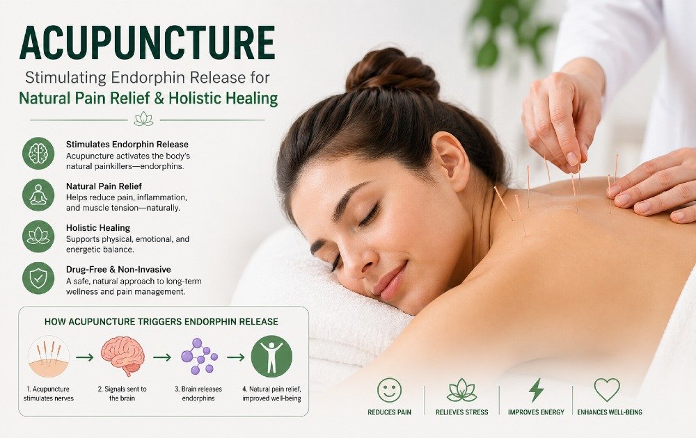 Acupuncture session stimulating endorphin release for natural pain relief and holistic healing.