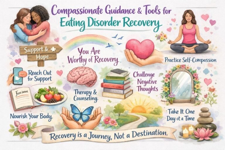 Compassionate guidance and tools for eating disorder recovery, showing hope, support, and healing.