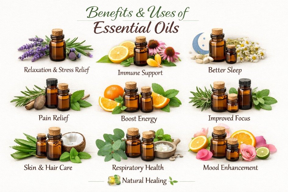 Bottles of natural essential oils with herbs, demonstrating their therapeutic uses and benefits.