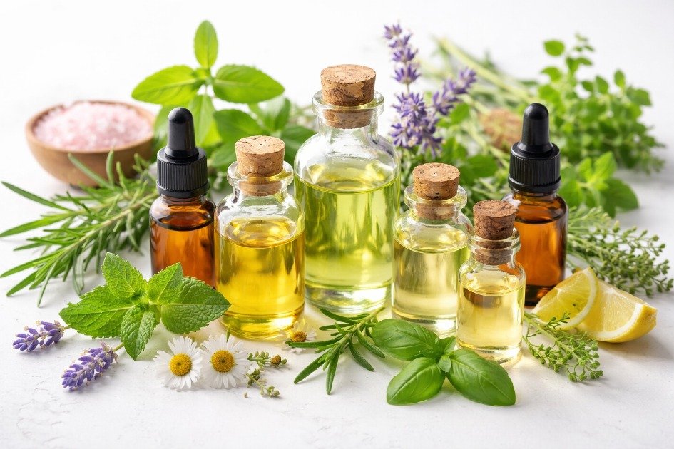 A collection of essential oils in glass bottles with fresh herbs, symbolizing natural wellness for health, mood, and daily life.