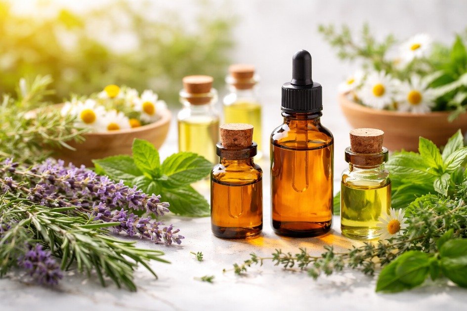Bottles of essential oils with fresh herbs, promoting natural mood and health transformation.