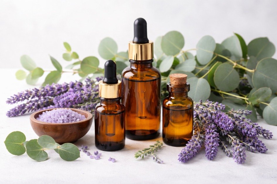 Calming essential oils in glass bottles with lavender and eucalyptus for natural stress relief.