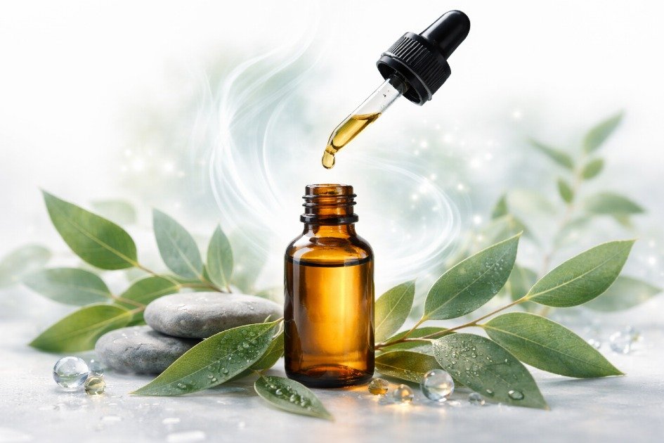Refreshing eucalyptus oil drops enhancing breathing clarity and mental focus.