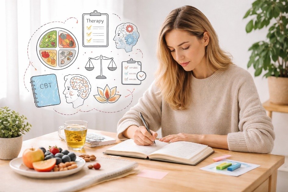 Person journaling mindfully in a calm space, symbolizing structured, evidence-based eating disorder recovery.