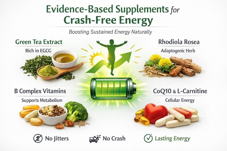 Evidence-based supplements boosting sustained, crash-free energy naturally