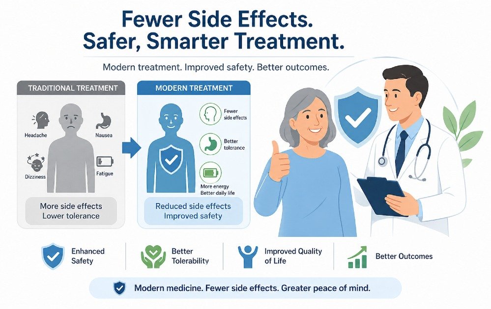 Clear illustration showing reduced side effects and improved treatment safety in modern healthcare.