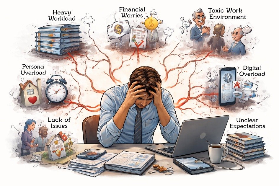 Professional sitting exhausted at desk, symbolizing burnout caused by hidden stress sources