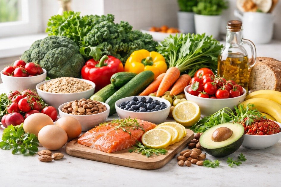 Fresh whole foods on a kitchen counter, emphasizing natural nutrition and healthy eating habits.