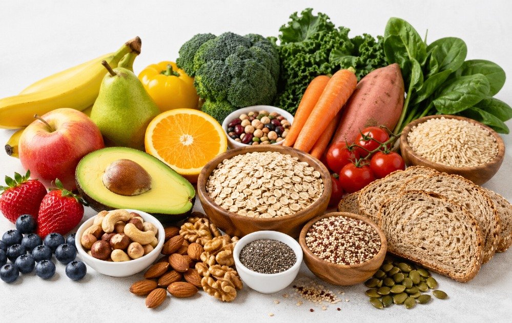 Fresh whole foods including fruits, vegetables, grains, and nuts arranged on a clean surface, symbolizing healthy unprocessed eating.