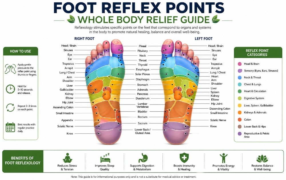 Foot reflex points diagram showing pressure zones on the feet linked to full-body relief and wellness.