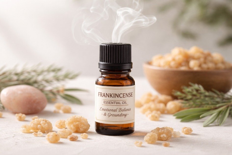 Frankincense essential oil bottle with calming smoke, promoting emotional balance and grounding