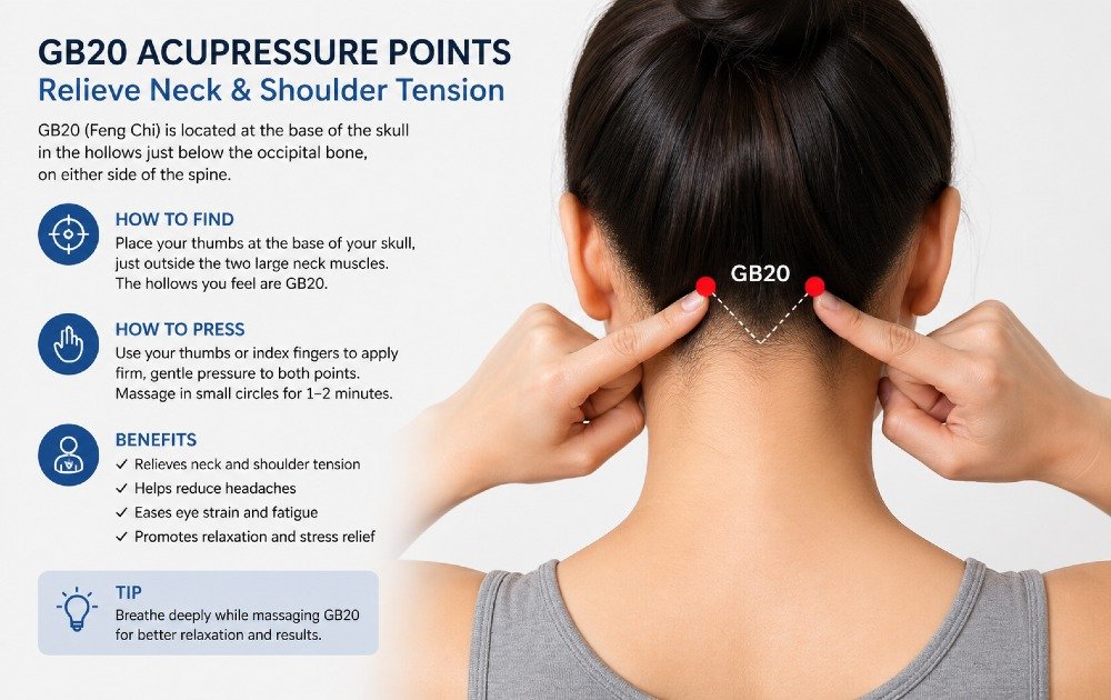 Hand locating GB20 acupressure points at the base of the skull to relieve neck and shoulder tension