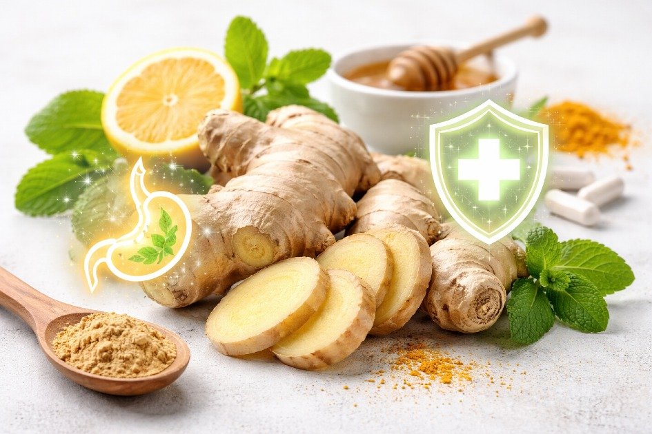 Fresh ginger root and sliced pieces on a clean surface, highlighting natural digestive support and immune-boosting benefits