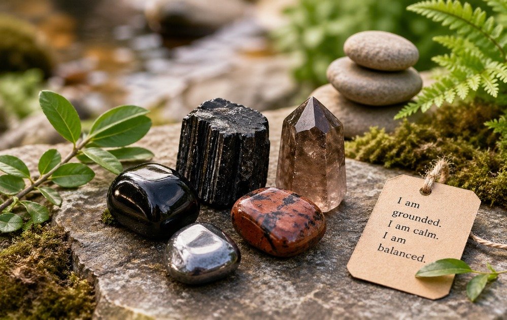Healing grounding crystals arranged for anxiety relief, promoting calmness, emotional balance, and mental clarity.