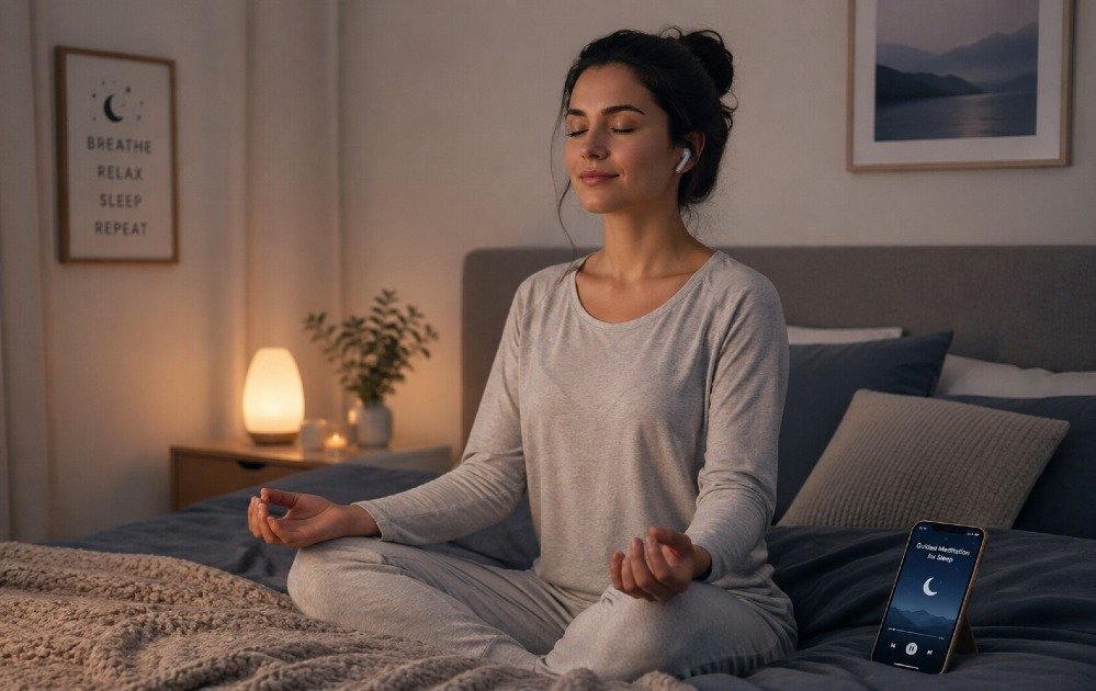 Person practicing guided meditation for sleep in a calm bedroom setting to promote deep rest and relaxation.