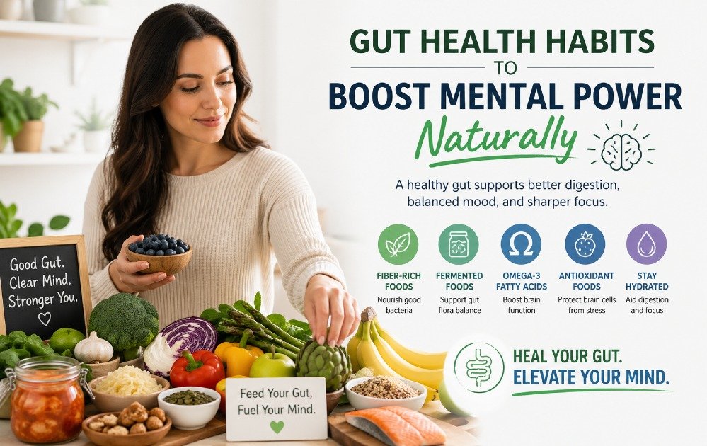 Person surrounded with gut support fruits.
