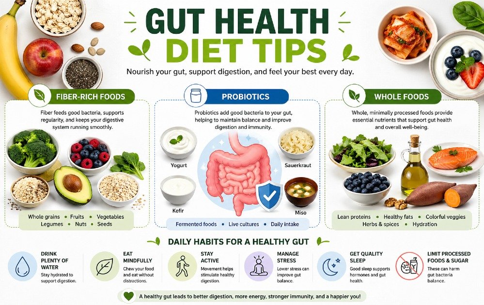 Gut health diet tips featuring fiber-rich foods, probiotics, and whole foods that support healthy digestion and gut balance.