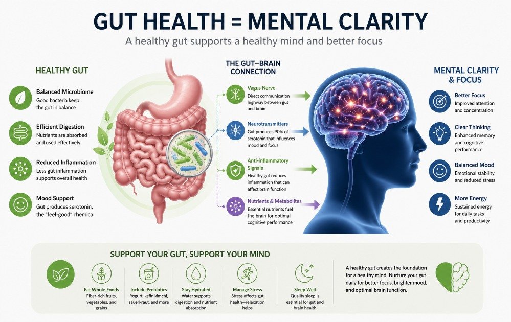 Illustration on how gut-brain connection have impact on mental clarity and focus.