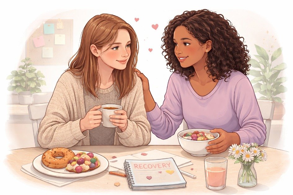 Supportive conversation between friends, symbolizing healing relationships during eating disorder recovery.