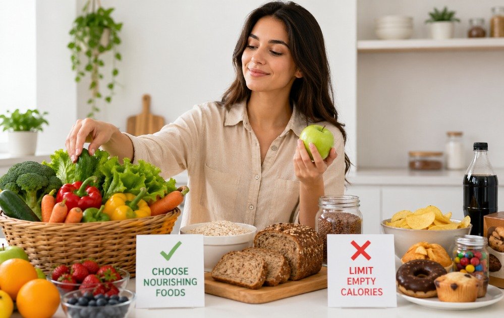 Person naturally choosing fresh, healthy foods over processed options in a mindful lifestyle decision