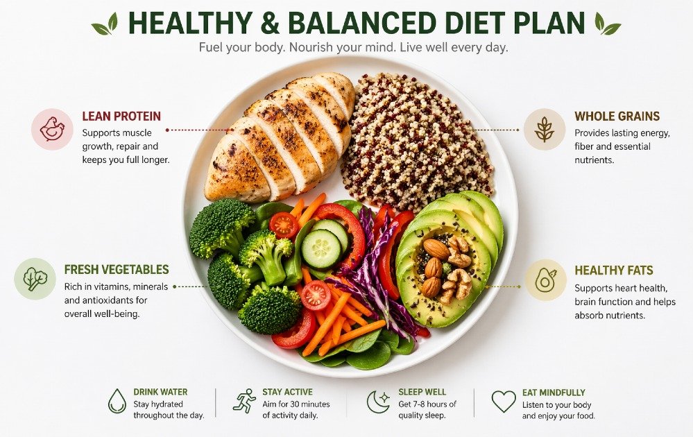 Balanced plate with lean protein, whole grains, healthy fats, and fresh vegetables for a sustainable daily diet.