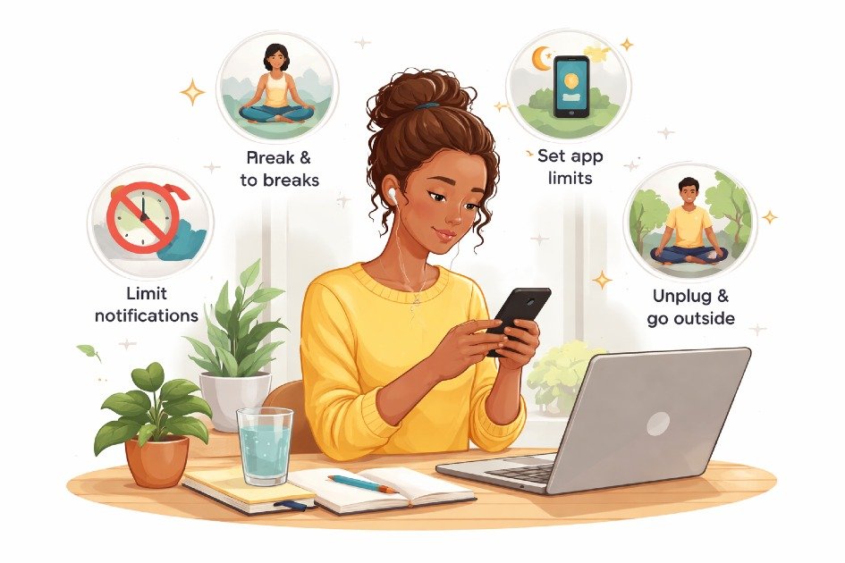 Person practicing mindful digital habits on a smartphone and laptop for balanced screen time and wellbeing.