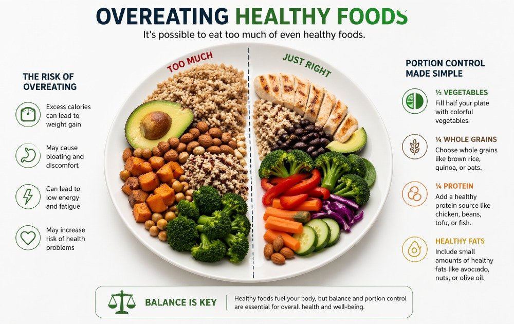 Overeating healthy foods concept showing portion control and balanced nutrition on a plate