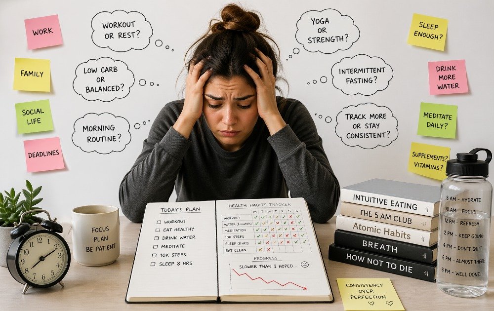 Person overwhelmed by daily routine choices while tracking health habits and progress on a notebook.