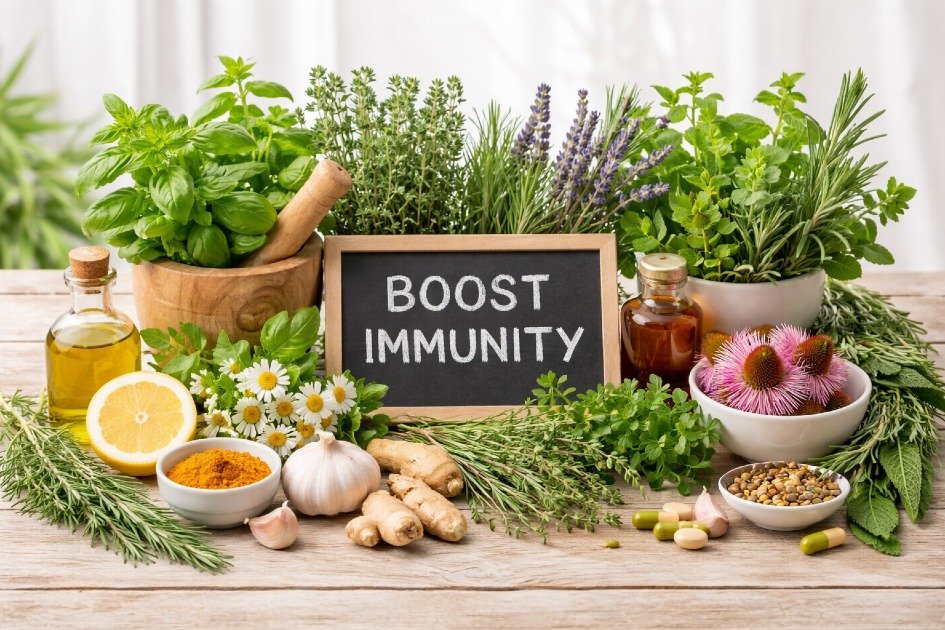 Fresh medicinal herbs on wooden table promoting health and wellness.