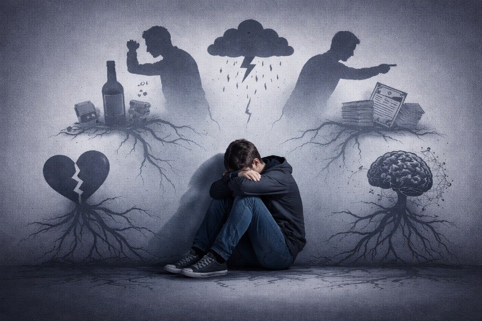 Person sitting alone in low light, symbolizing hidden causes of depression