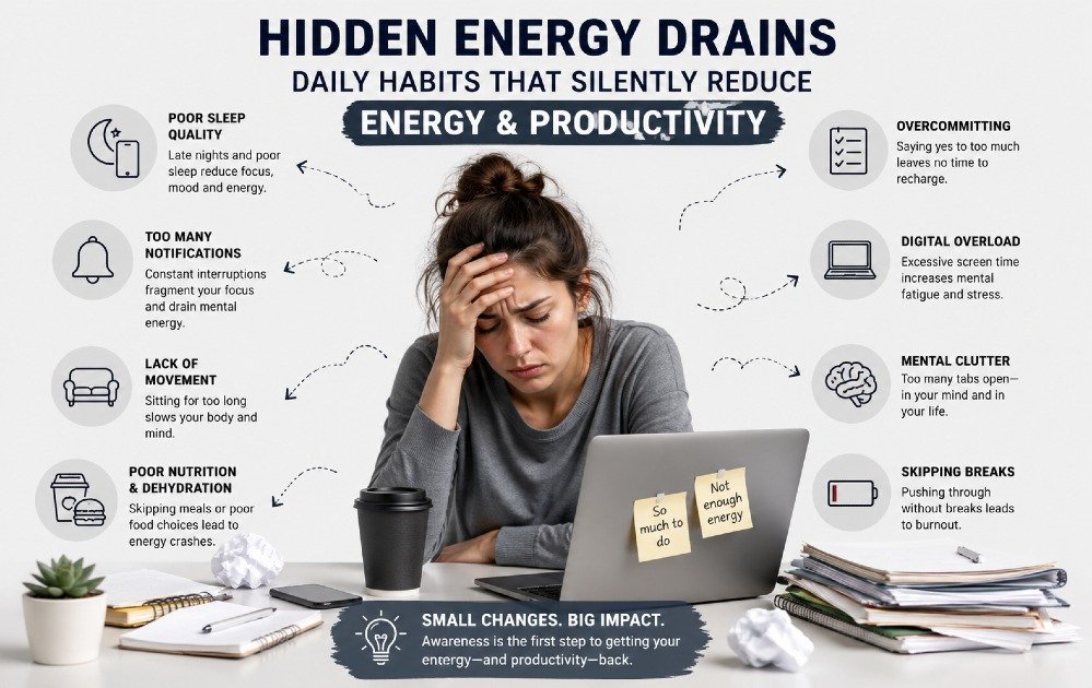 Common daily habits that quietly drain your energy and reduce focus, productivity, and mental clarity.