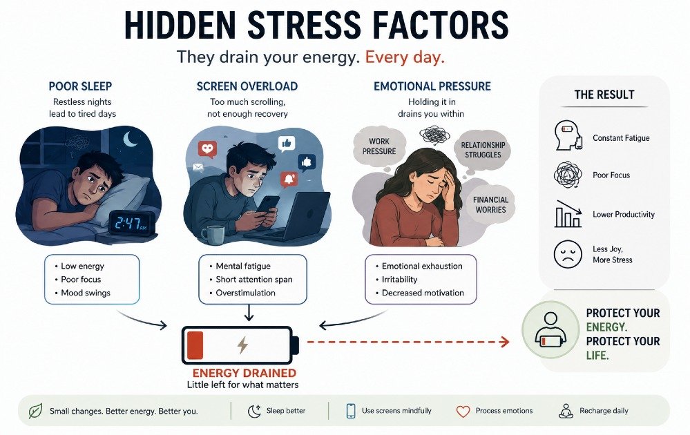 Illustration showing hidden stress factors like poor sleep, screen overload, and emotional pressure contributing to daily energy loss.