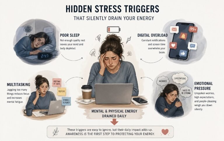 Illustration of subtle daily stress triggers such as poor sleep, digital overload, multitasking, and emotional pressure that silently drain mental and physical energy.
