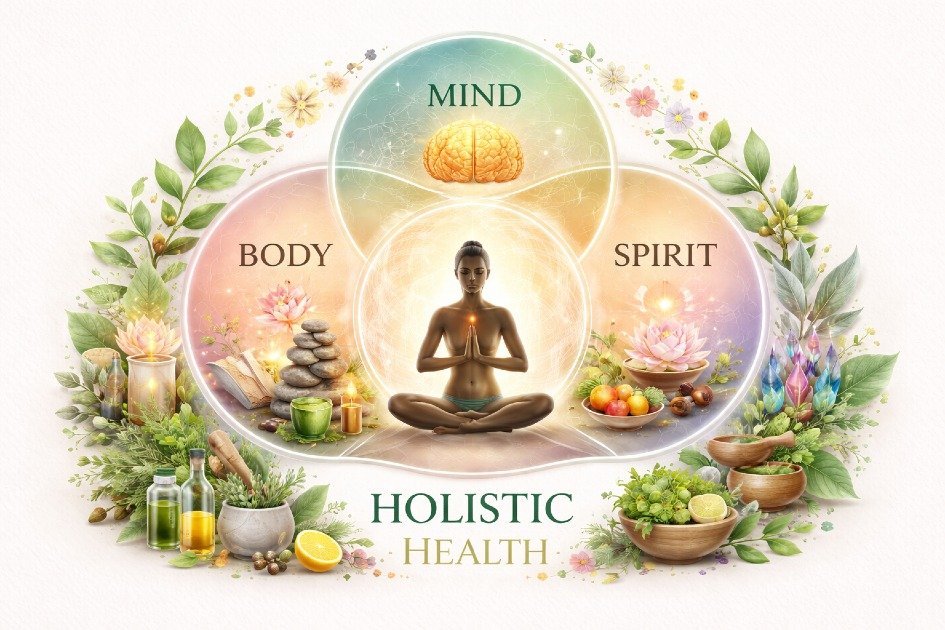 Holistic health concept with balanced mind, body, and spirit, emphasizing wellness and natural healing.