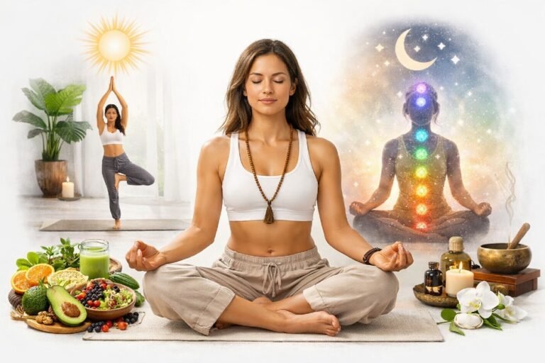 Person practicing holistic health with yoga, meditation, and balanced nutrition for a vibrant life.
