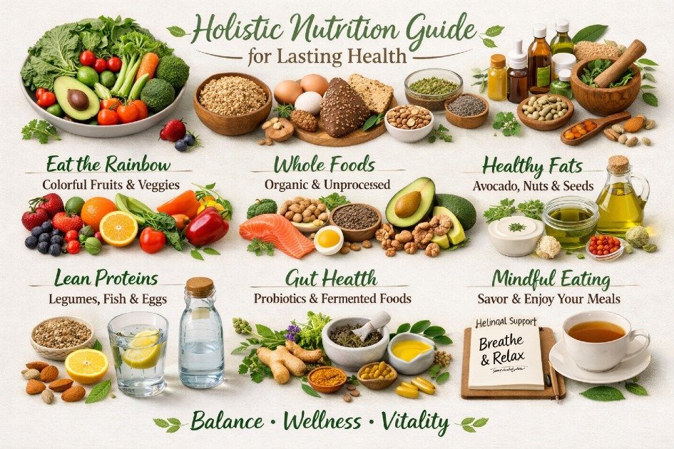 Holistic nutrition plan with fresh vegetables, whole foods, and natural supplements for lasting health.