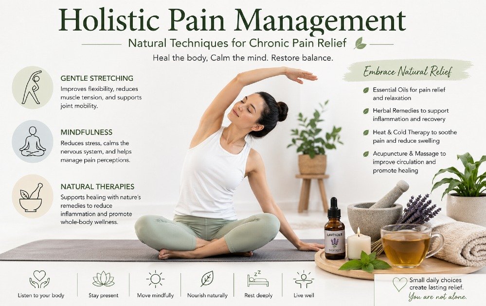 Person practicing holistic pain management through stretching, mindfulness, and natural therapies in a calm setting